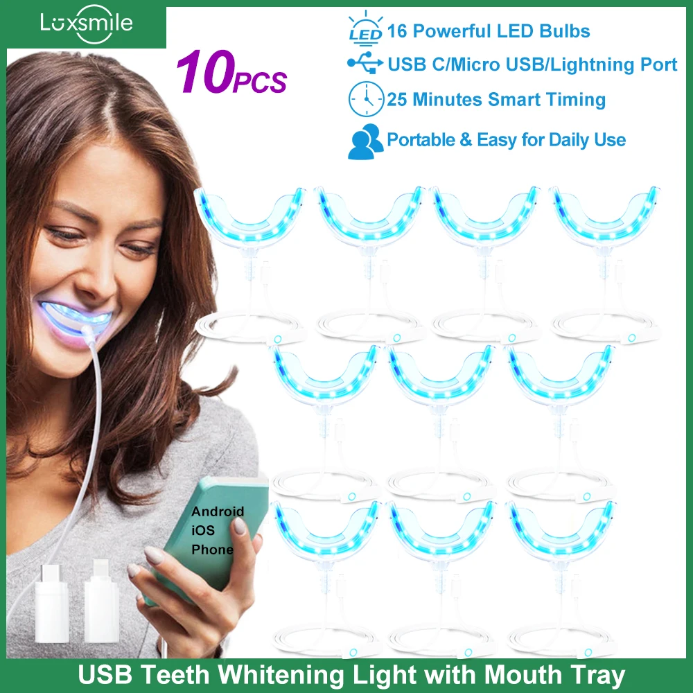 10PCS Teeth Whitening LED Light Household Dental Whitening Light with Mouth Tray USB Powered 16 Blue LED Teeth Whitener Home Use