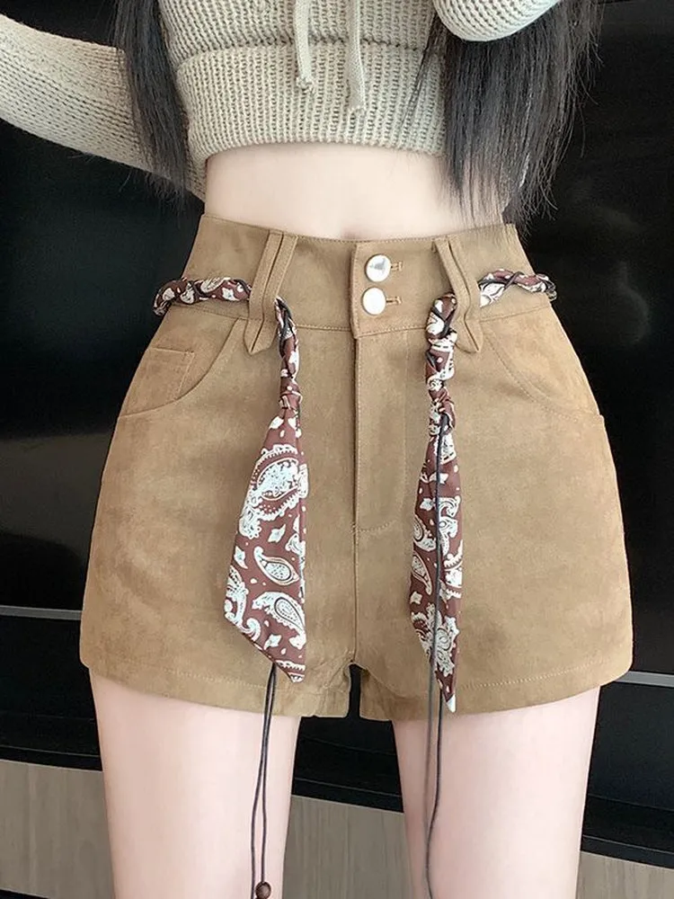 Retro American High Waist Shorts Women's 2026 New Autumn Slim A-Line Scarf Sexy Casual Pants Belted Polyester Fiber Skirt