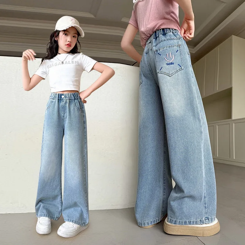 الفتيات الصيف رقيقة الدنيم السراويل 2025 جديد الأطفال مستقيم الساق واسعة الساق الجينز المراهقات سراويل جينز الاطفال ملابس عصرية #4