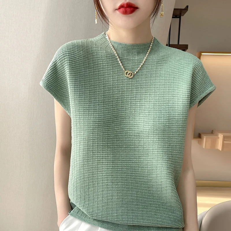 short-sleeved women\'s half high round neck pullover vest 2022 summer new loose fashion knitted bottoming T-shirt