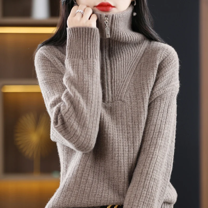 Autumn/Winter new Women's sweater 100% Merino wool lapel pullover Fashion light luxury striped warm base knit shirt