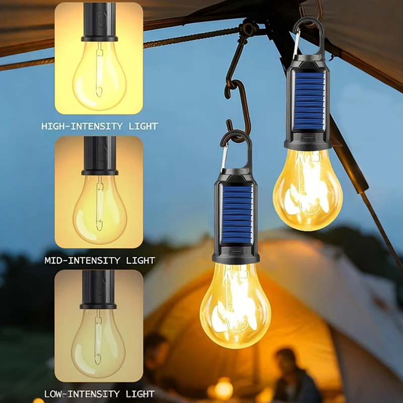 Portable Solar Camping Lantern LED Solar USB Rechargeable Lantern Flashlight Emergency Hanging Light Bulb