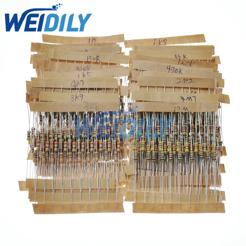 500PCS 1/4w 0.25w 5% Carbon Film Resistor Kit 1 ohm-10M ohm Resistance Assortment Pack Mix Selection 50 Values Each 10PCS