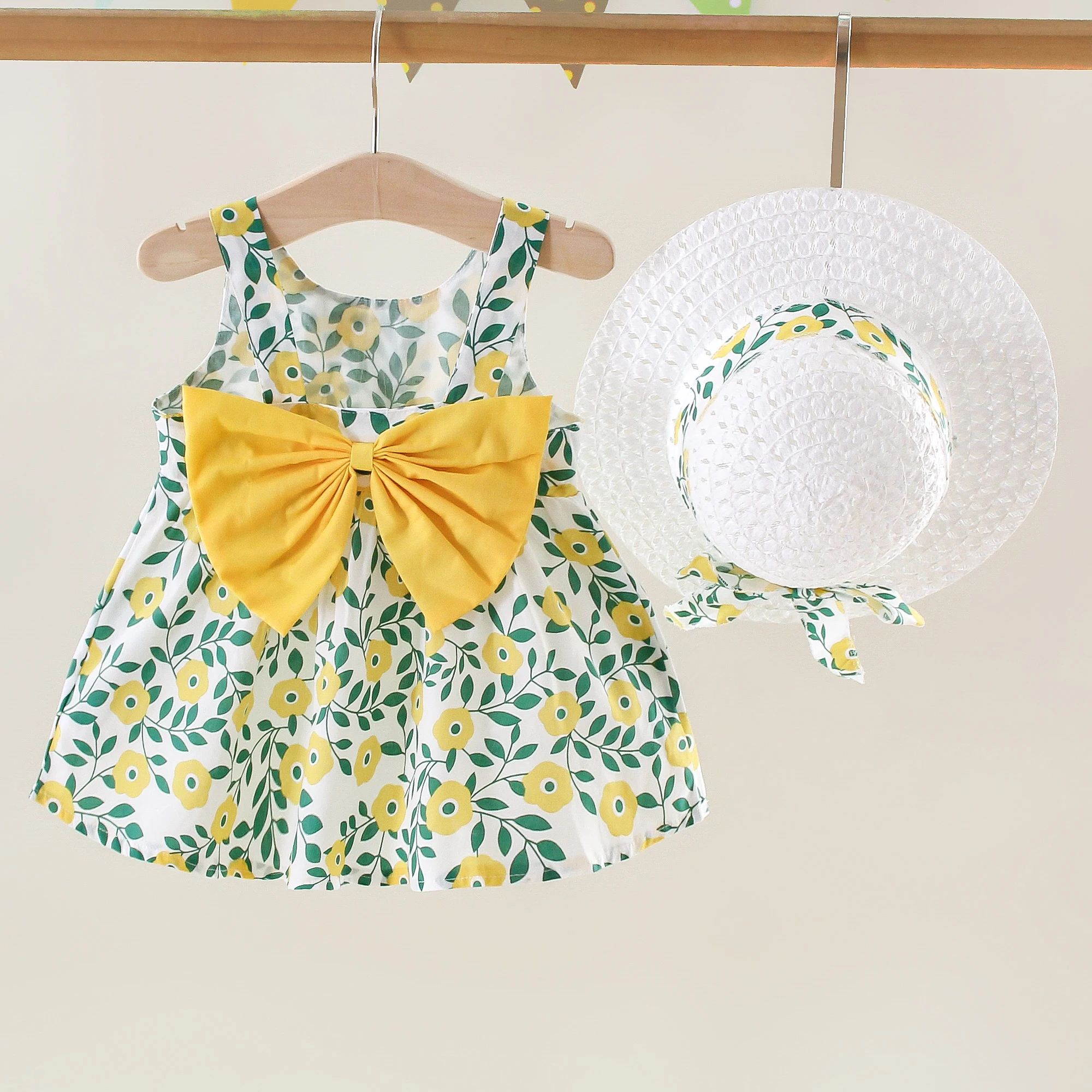 Summer New Girls Dress Halter Ribbon Ribbon Full Print Floral A-line Dress Birthday Party Team Dress + Hat Bow Ribbon