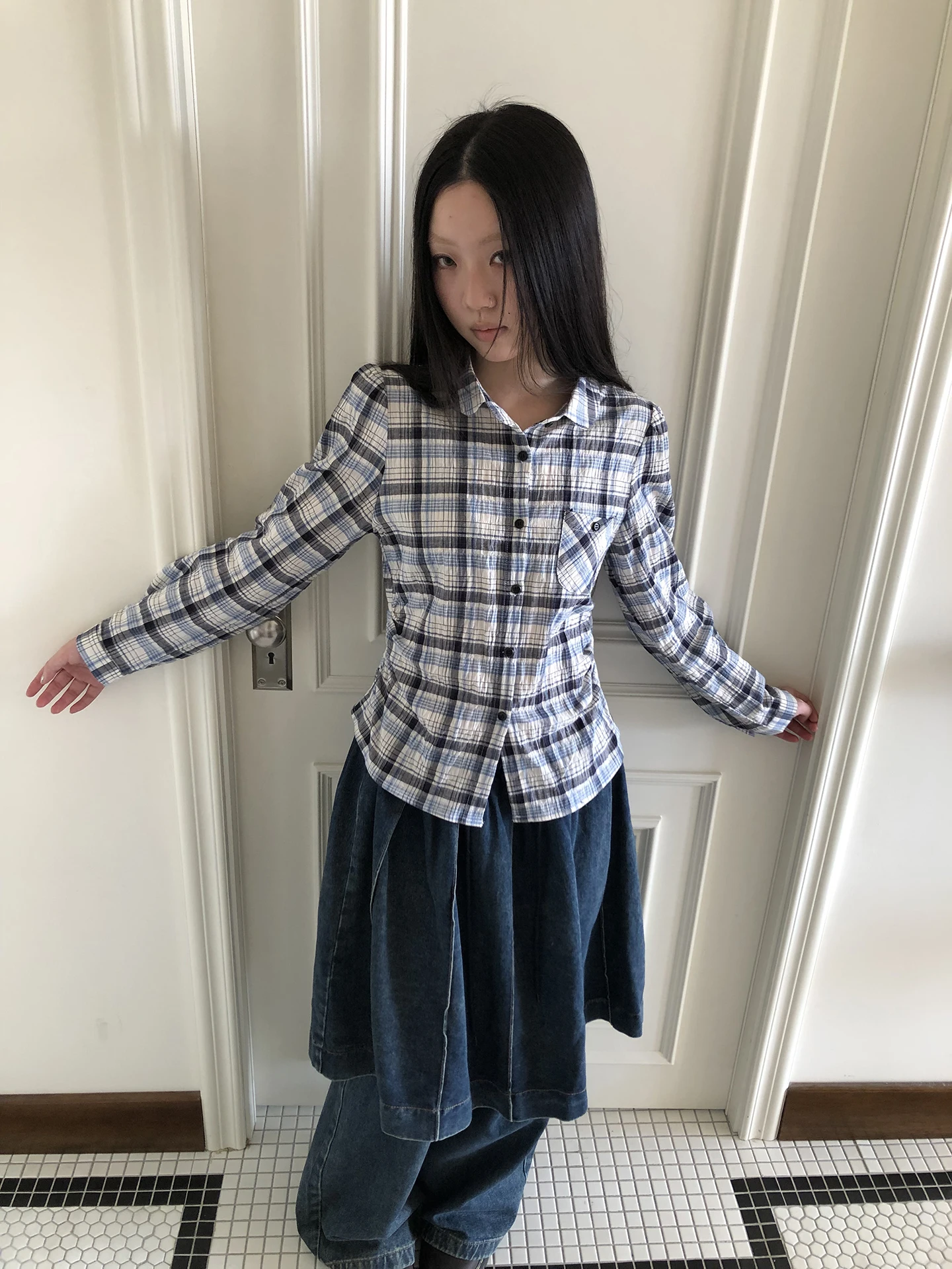 

Angproject 34 Vintage Checkered Long Sleeve Shirt Women's Slim Fit Commute Casual Style New Arrival Spring Season