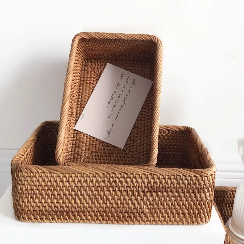 Manual Rectangular Weaving Rattan Wicker Basket Fruit Snacks Tray Bread Hand-knitted Box Portable Picnic Storage Box Mini basket