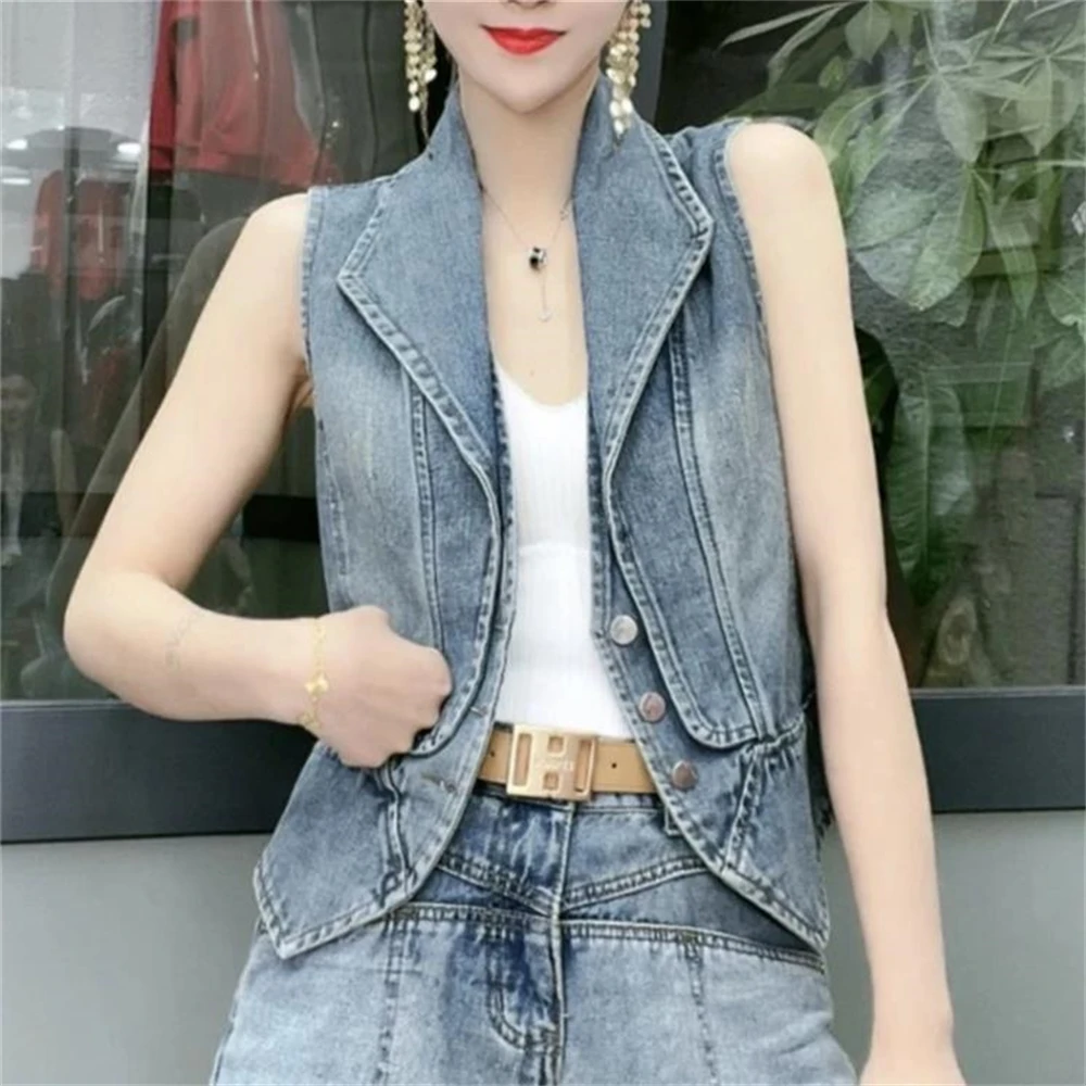 Slim Blue Denim Vest for Women Outside Vest Spring Coat for Ladies Split Joint Outwear Summer New 2024