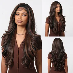 ELEMENT 13*6 Lace Front Synthetic Wigs Wavy Dark Brown with Light Brown Color Daily Party Wig for Women Ladies Natural Use