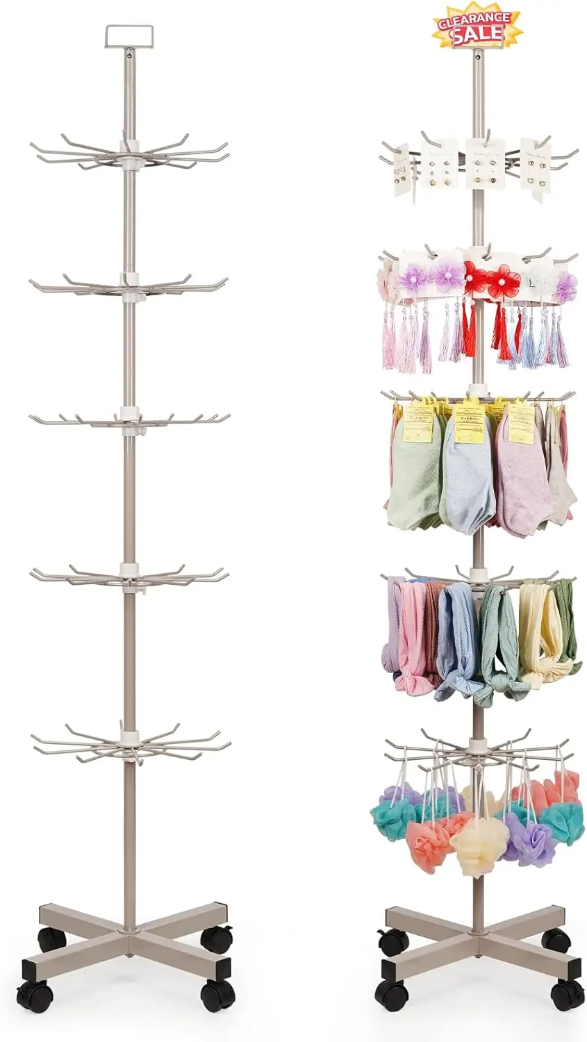

5-Tier Metal Spinning Display Rack with Wheels for Jewelry, Hats, Keychains - Adjustable and Easy to Move