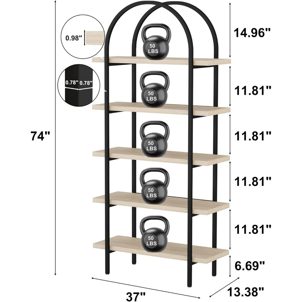 رف كتب مكون من 5 طبقات مقوسة، أرفف كتب صناعية مفتوحة بطول 74 بوصة لغرفة المعيشة، رفوف عرض حديثة قائمة بذاتها