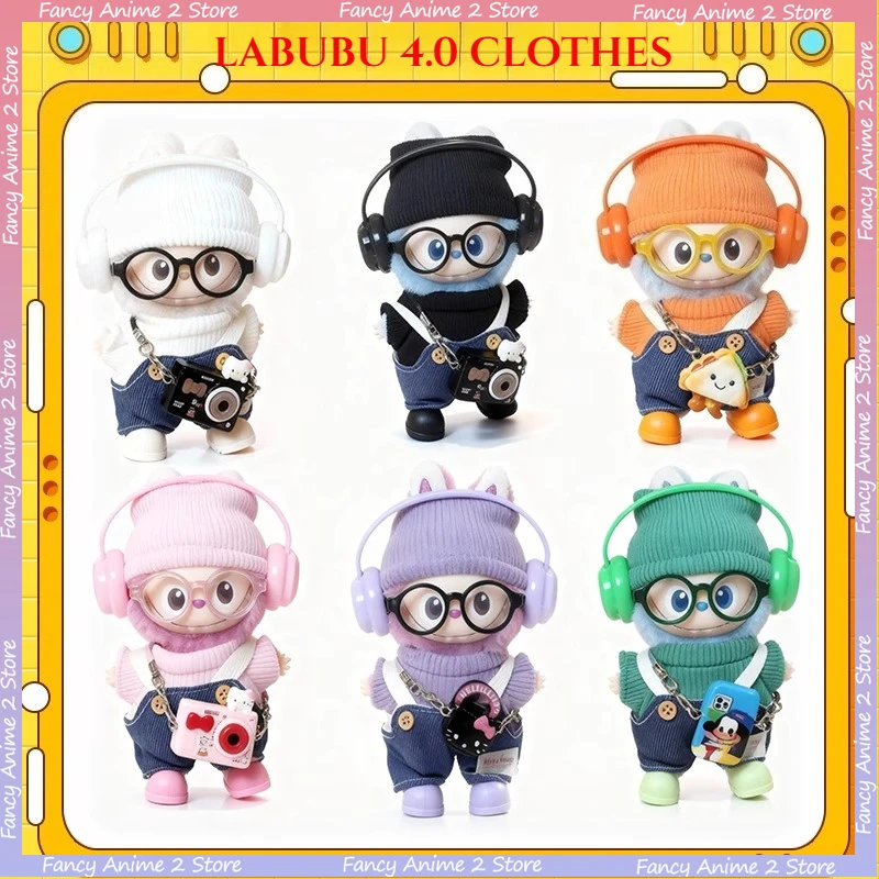 

For Mini Labubu 4.0 Plush Doll Clothes Include Hat Belt Pants Shoes Glasses Headphones Bag 7PCS Set for Love Series Doll Clothes