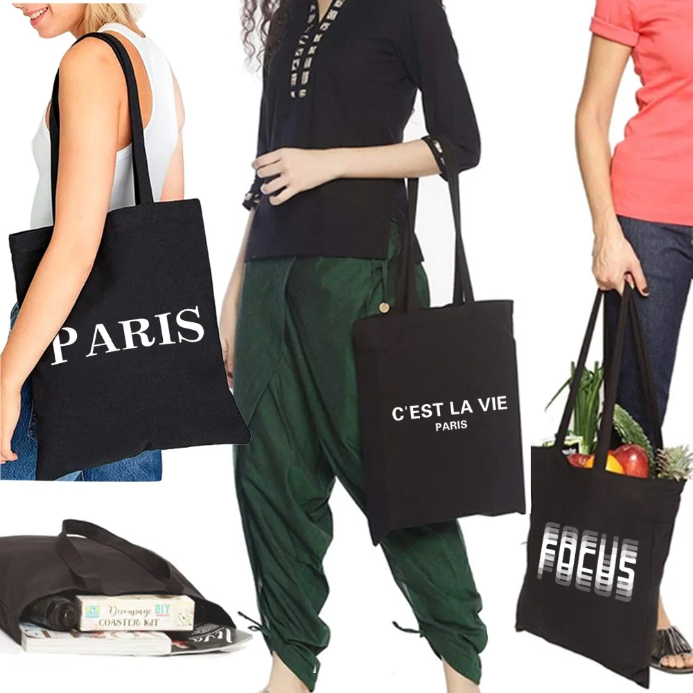 Ladies Shopping Bag Girl Text Pattern Canvas Tote Bag Handbags Travel Women Eco Reusable Shoulder Shopper Bags High Capacity