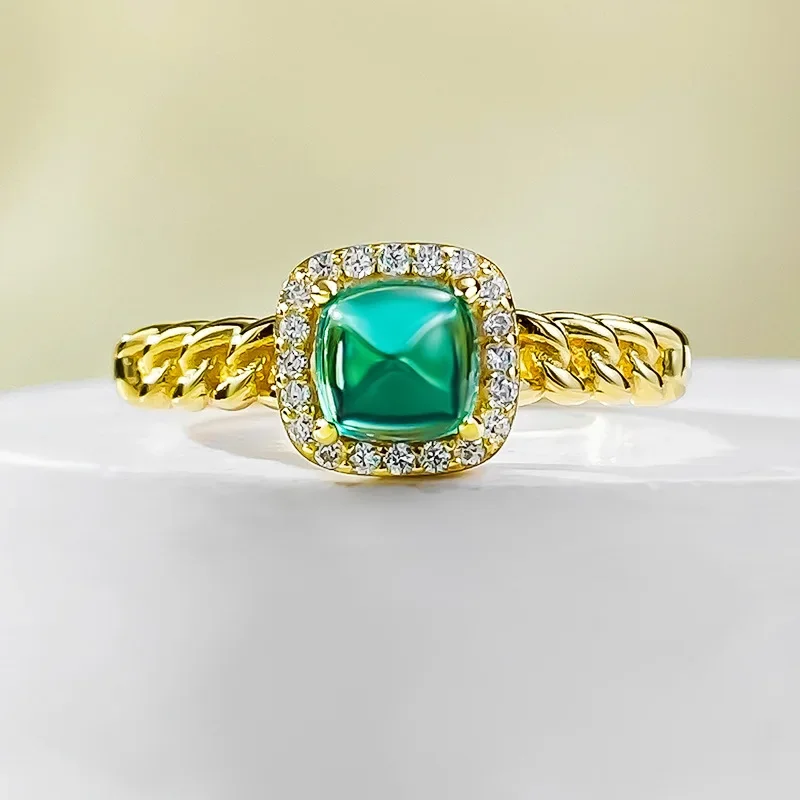 NewLive streaming New S925 silver simulated emerald 5 * 5 sugar tower ring daily fashion minimalist wedding ring