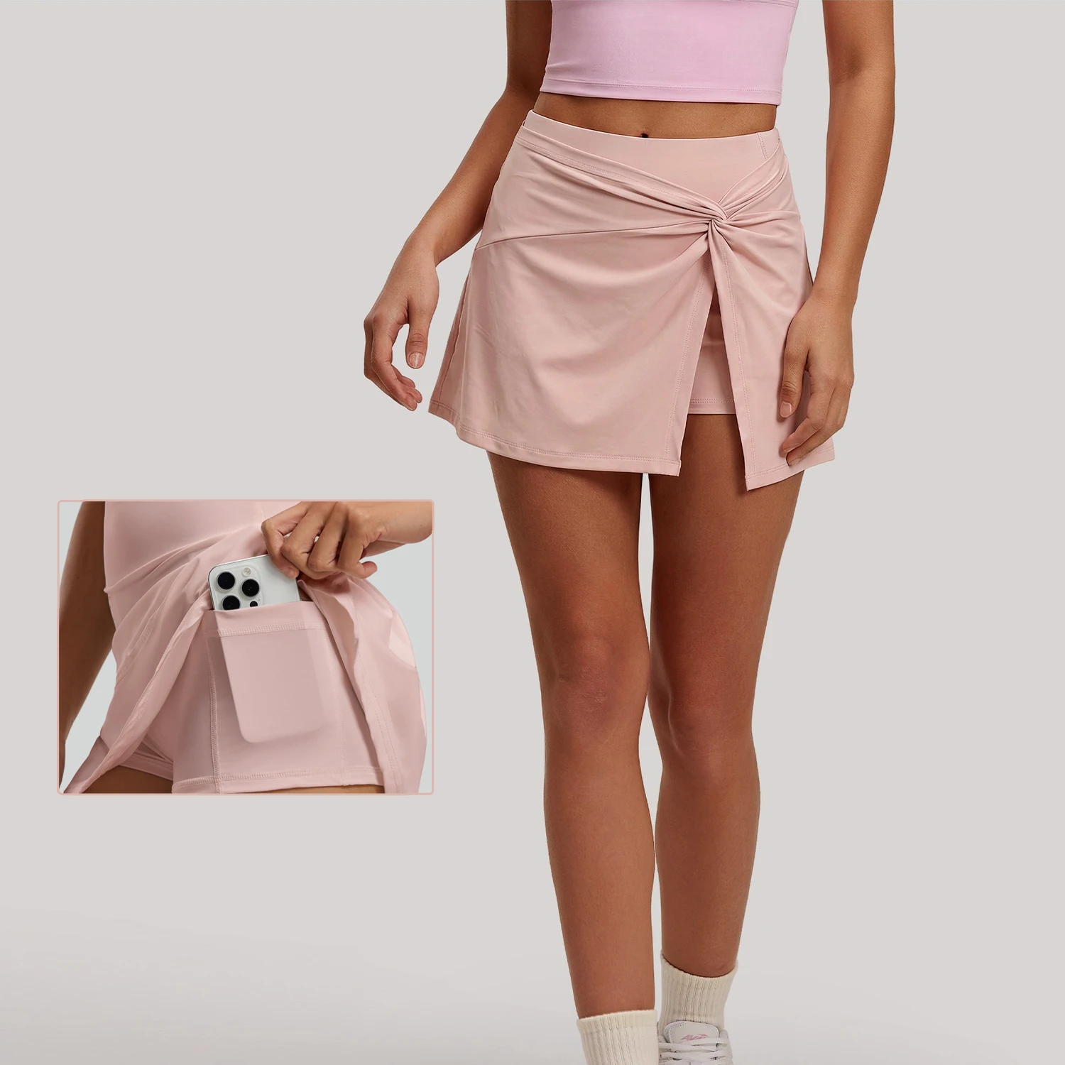Women's Sports Skirt High-Waisted Tennis Skirt with Front Knot Modest Slit Pleated Skirt Breathable Mini Skirt with Pockets Pink
