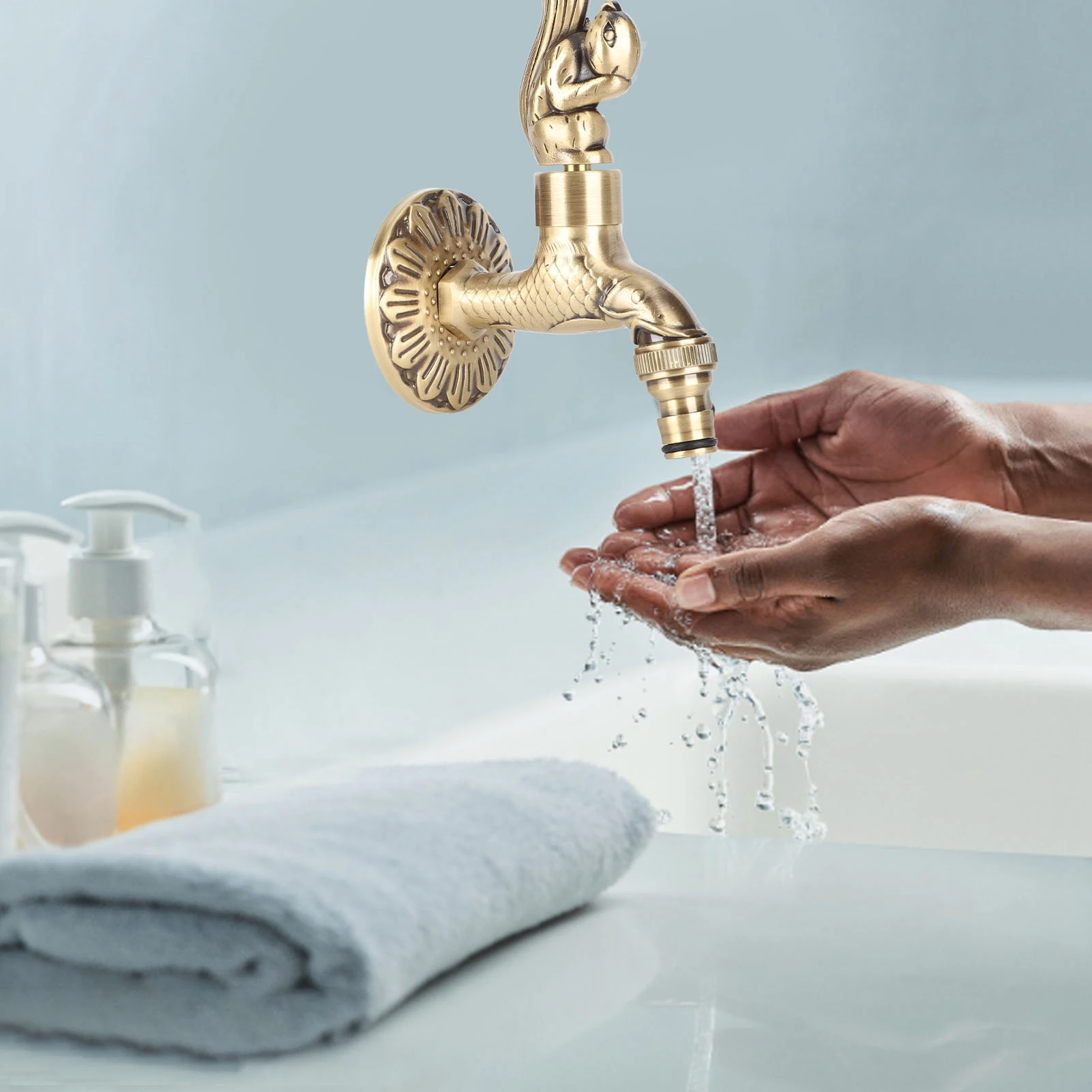 

Антикварный резной смеситель, бронзовый медный карп, ретро, антикоррозийный, уличный садовый кран для унитаза G1/2-дюймовый медный резной кран, медный кран