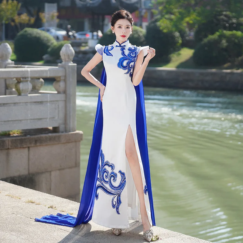 

Oriental Womens Evening Cheongsam Long Fashion Walk Qipao Performance Dress Women's Slim Improvement Mermaid Chinese Style
