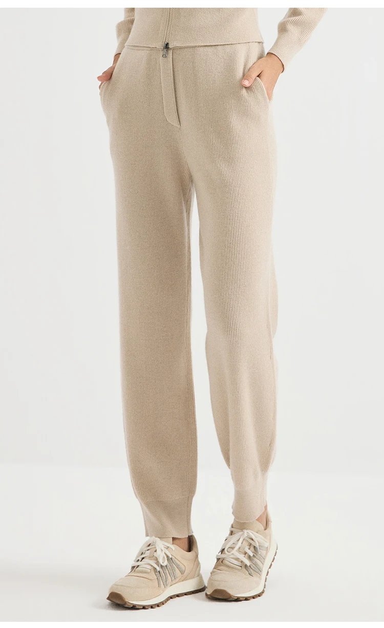 BY4621738 Damen High-Waist Wolle-Kaschmir-Mischung Englischer Rippstrick Gerade Hose mit Frontreißverschluss Schlichte Eleganz für den Herbst – Detail 5