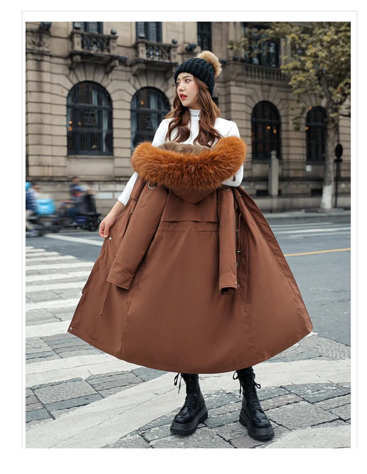 Women Hooded Parkas Coats Long Jackets Solid Detachable Big Fur Lenth Collar Zipper Drawstring Slim Fit Thick Casual 2025 Winter