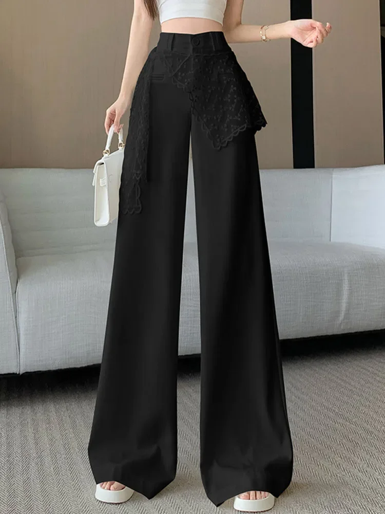 Pantaloni a gamba larga da donna in pizzo bianco, design estivo, pantaloni a gamba dritta alla moda a vita alta in due pezzi finti