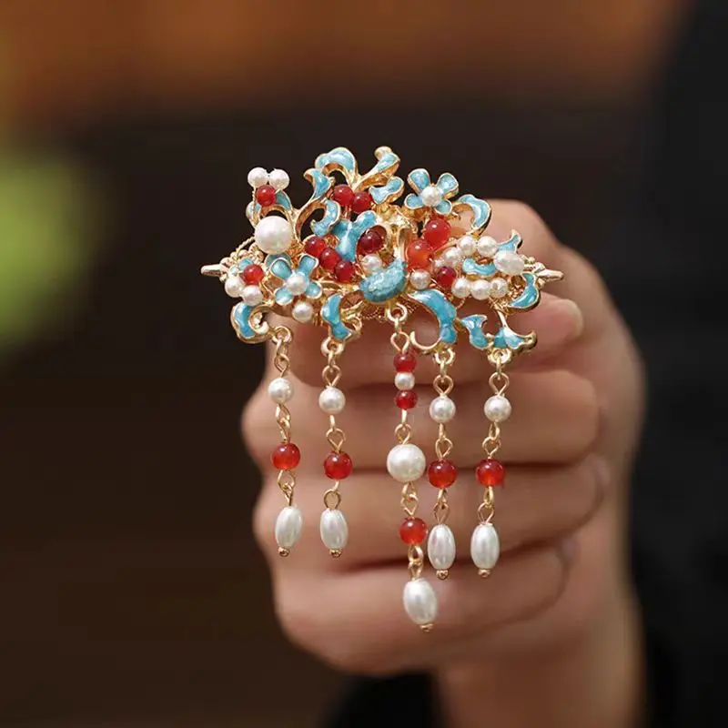 Nueva horquilla de media altura con borlas de estilo chino para mujer, clip de pico de pato rojo para cabello vivo en la frente, accesorio tradicional para el cabello Cheongsam Hanfu