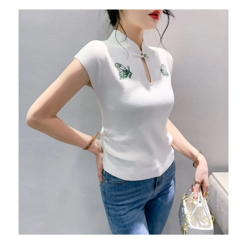 Ready Stock Retro T-shirt Women Summer Butterfly Embroidery Buckle Short Sleeve Knitted Top Tee