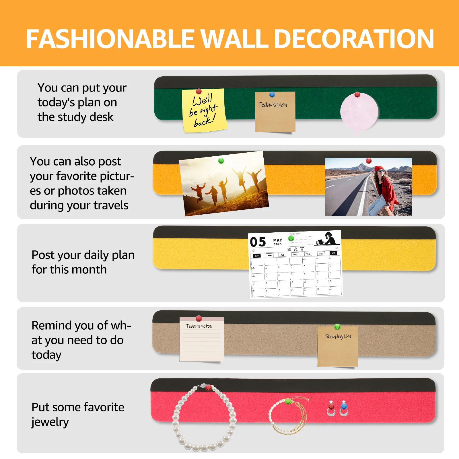 5 ชิ้น Office Cork Board ชุด Strong กาวแถบ Cork ชุดสีดํา Felt Wall ขนาดเล็ก Bulletin Board ใช้งานง่ายสําหรับ Home Office