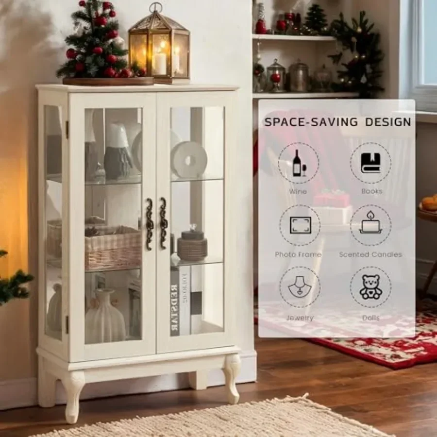 Living room wine artwork showcase rack: lighted glass curio cabinet, vintage-style chrome finish, clear tempered glass doors ac view 6