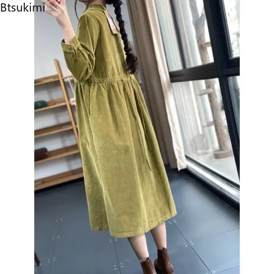 ใหม่ผู้หญิงฤดูใบไม้ผลิหลวม Corduroy ความยาวกลางชุดแฟชั่นคอยาวแขนยาว Midi ชุดลําลอง Vintage Robe femme