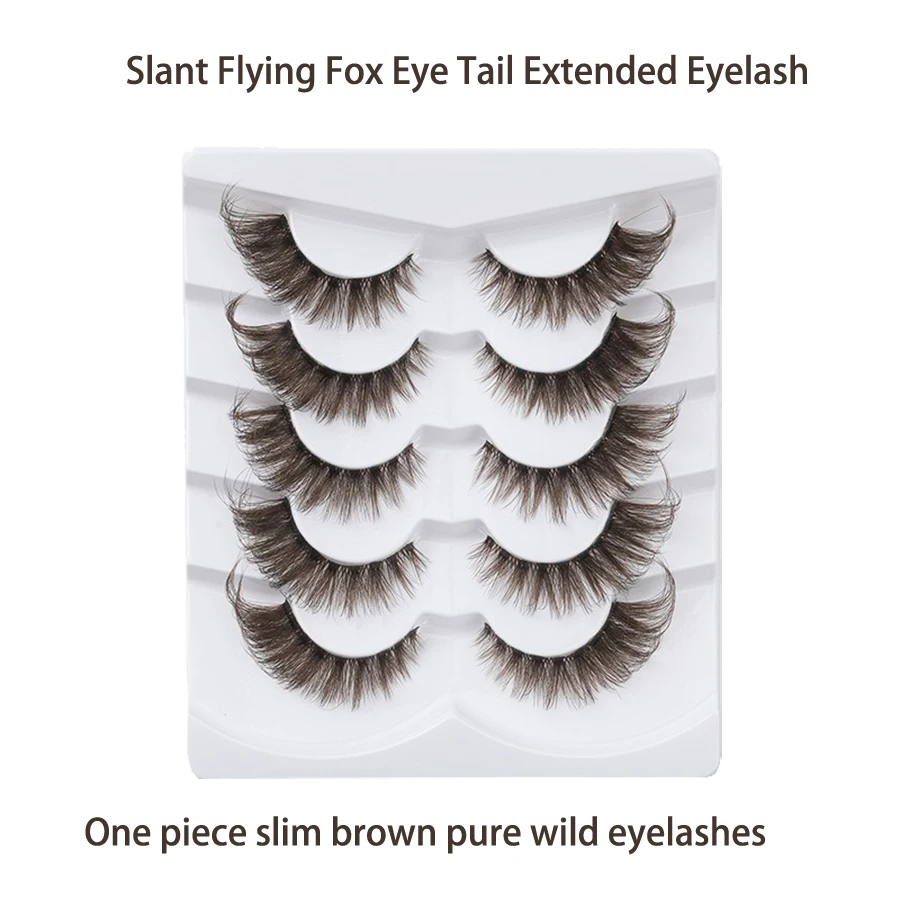 5 pares de europeu e americano diagonal voando raposa série olho cauda estendida uma peça haste fina marrom puro selvagem cílios postiços