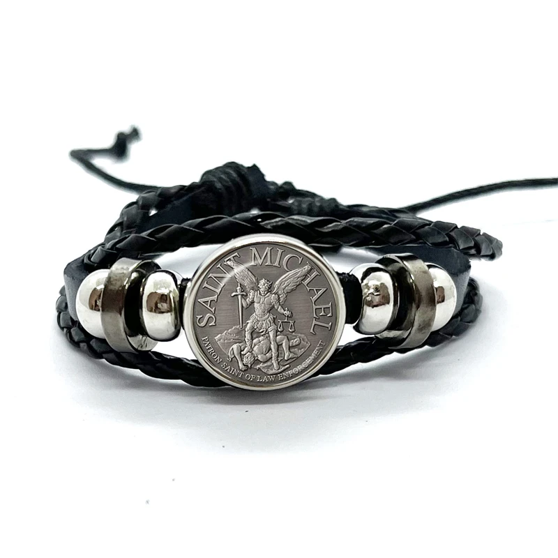 Amulet Symbol Bracelet Archangel St.Michael Protect Me Saint Shield Glass Time Gem Russian Orhodox Woven Bangle for Women Men