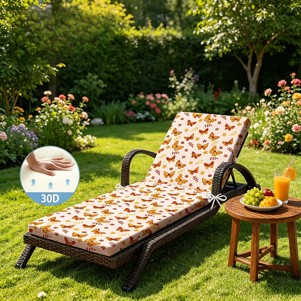 

Bohe Butterfly Print Outdoor Lounge Chair Cushion 30D Foam Thick Comfortable Recliner Seat Pad for Garden Poolside Beach Balcony