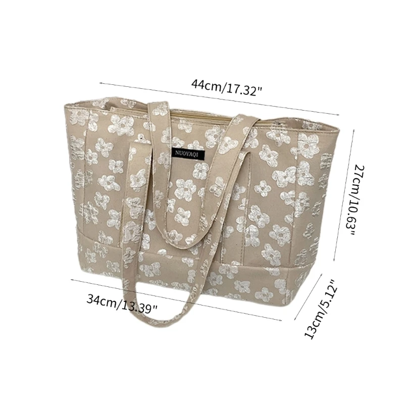 Trendy Flower Embroidered Tote Shoulder Bag with Large Capacity for School and Work 066F