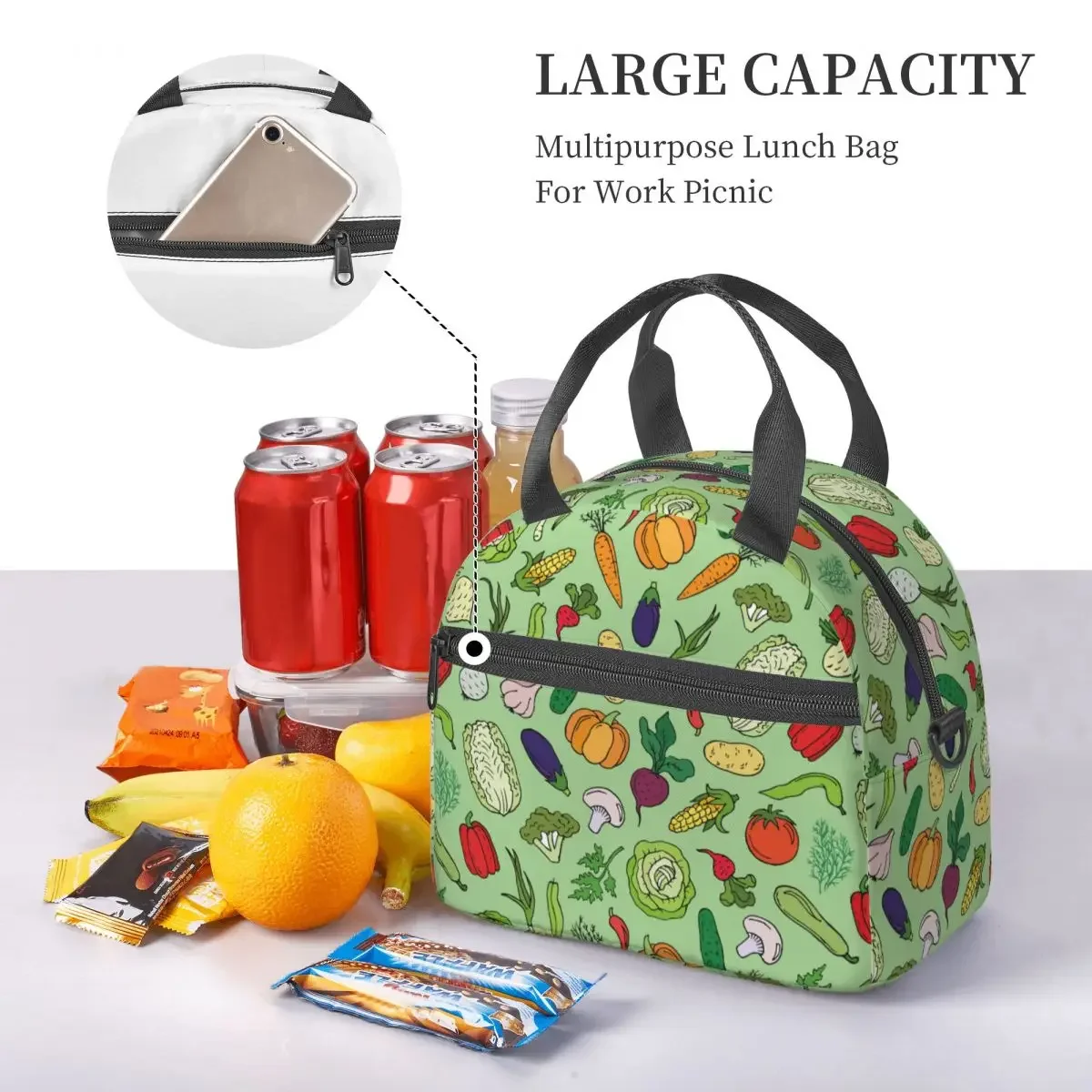 Cartoon Doodle Vegetables Insulated Lunch Bag With Adjustable Shoulder Strap Food Container Capacity Thermal Cooler Lunch Boxes