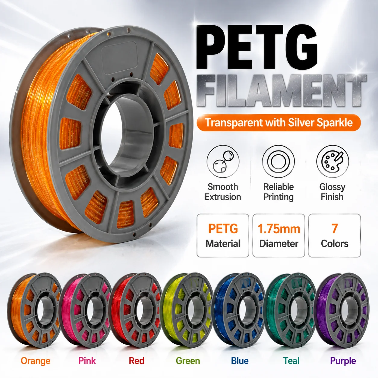 PETG Glitter 3D Printer Filament 1.75mm 300g Spool Sparkling Sparkle Glittery PETG High Strength Toughness Easy to Print FDM Printing Material