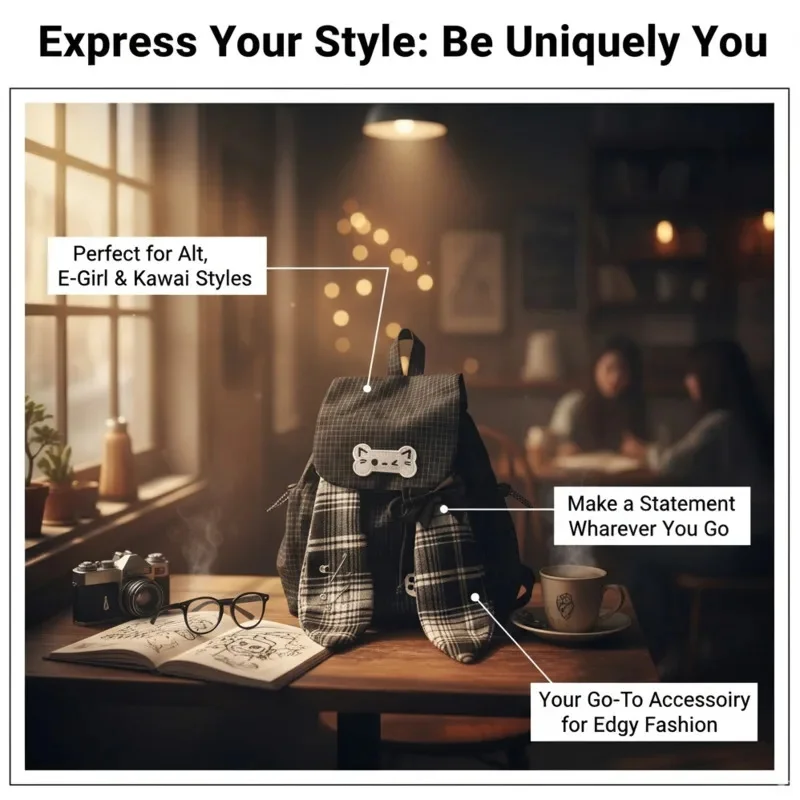 Bunny Backpacks Cat Y2K Grid Ear Bone Backpacks Versatile Cute Student Black White Plaid Bow Lightweight High Capacity Backpacks