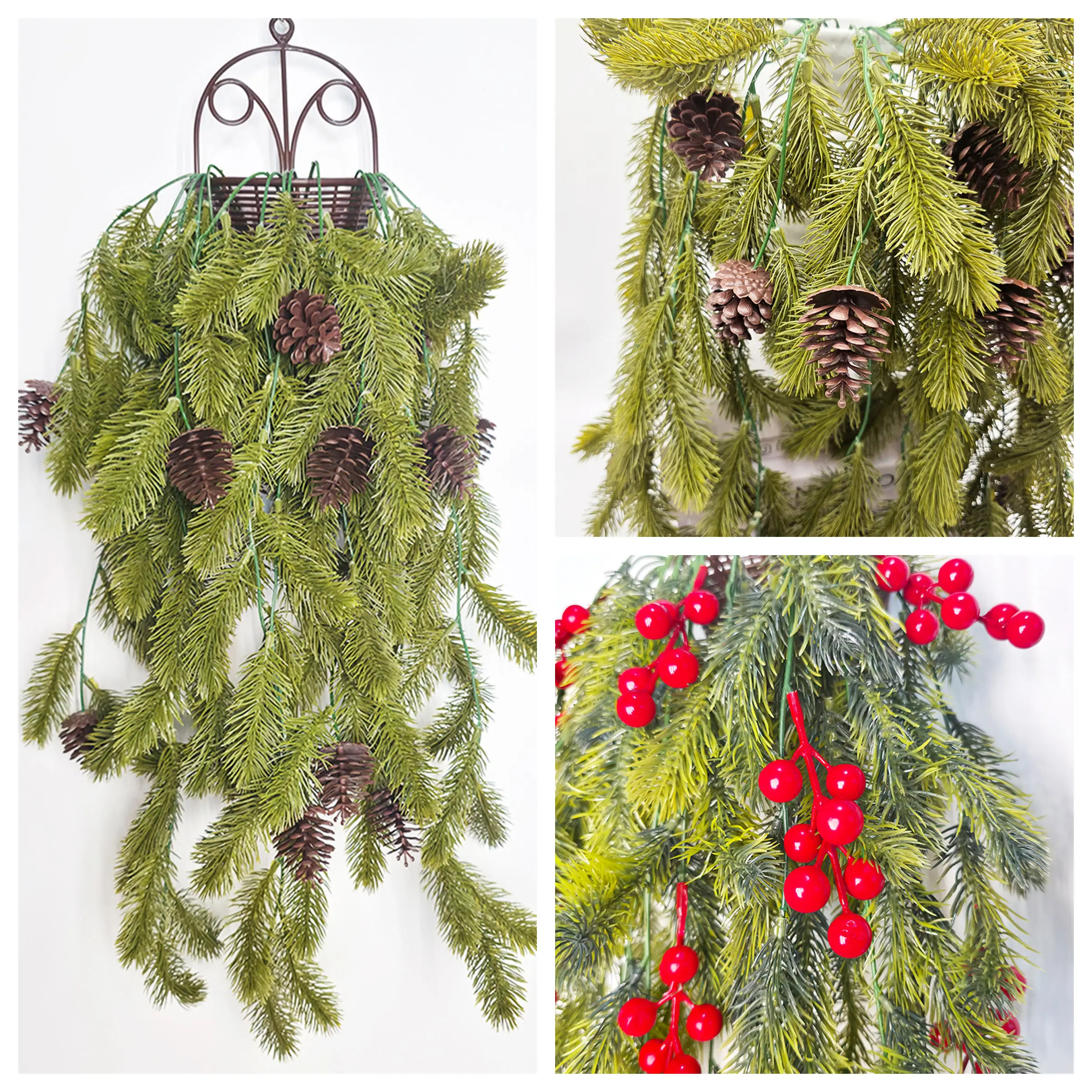 Ghirlanda di piante verdi di pino artificiale con coni e bacche rosse per decorazioni natalizie per manto da appendere per le vacanze invernali