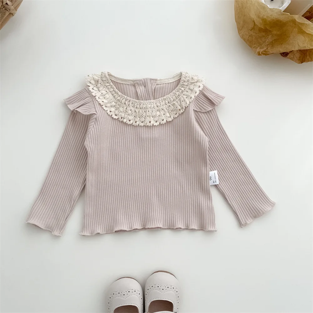 2024 Autumn New Baby Girl Hollow Out Lace Collar Bottoming Shirt Infant Toddler Long Sleeve Tops Cotton Baby Solid T Shirts