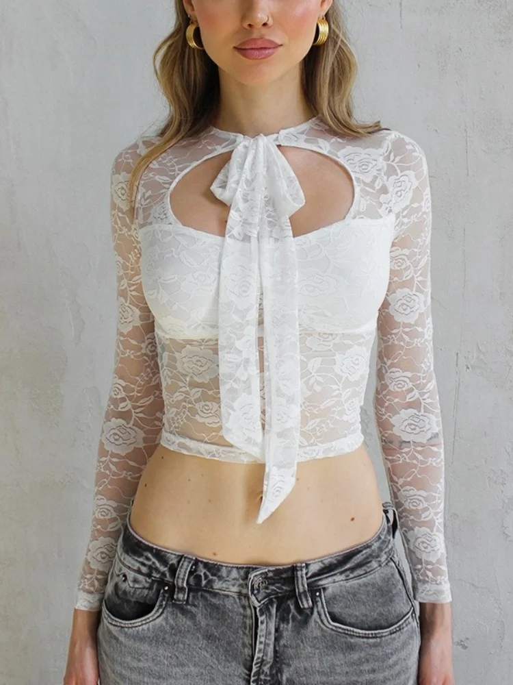 

White Lace T Shirts For Women Aesthetic Clothes Bandage Crop Top Hollow Out Sexy Camisetas Slim Y2k Accessories Ropa De Mujer