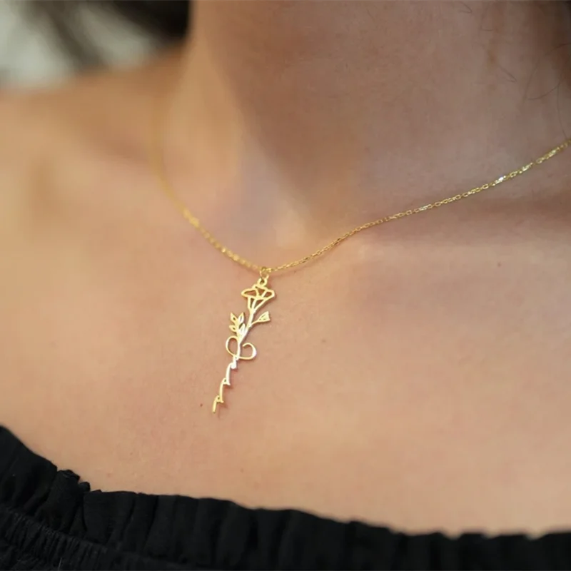 Name Halskette mit Geburts blume benutzer definierte Geburts monat Blume Edelstahl Blumen name Halskette minimalist ischen Schmuck Geschenk für sie – Detail 9