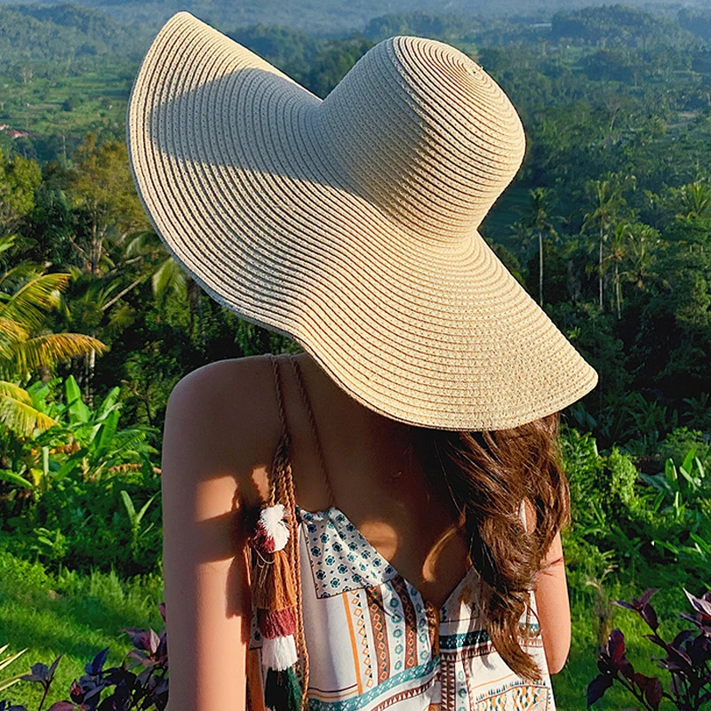 Summer Sun Protection 25cm Large Wide Brim Foldable Sun Hats for Women Lady Outing Travel Holiday UV Protection Beach Straw Hat