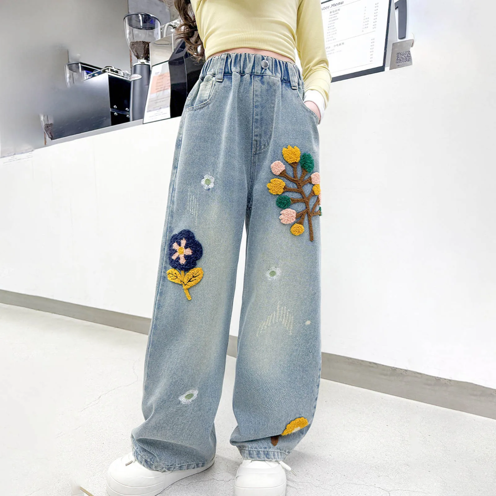 

Гимнастические спортивные штаны для девочек, джинсы для детей среднего и большого возраста, свободные полотенца, широкие брюки с цветочной вышивкой, толстовка для девочек 5