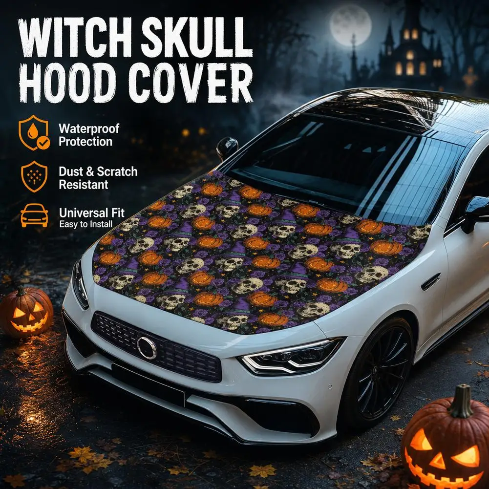 Car Hood Cover Witch Hat Skull Print Car Hood Protector Waterproof Universal Automotive Exterior Accessories Halloween Decor