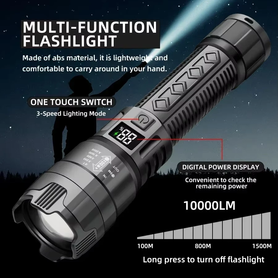 2PCS Ultra-bright LED Flashlight Rechargeable Telescopic Zoom Tactical Flash Light Emergency Torch for Outdoor Camping Fishing