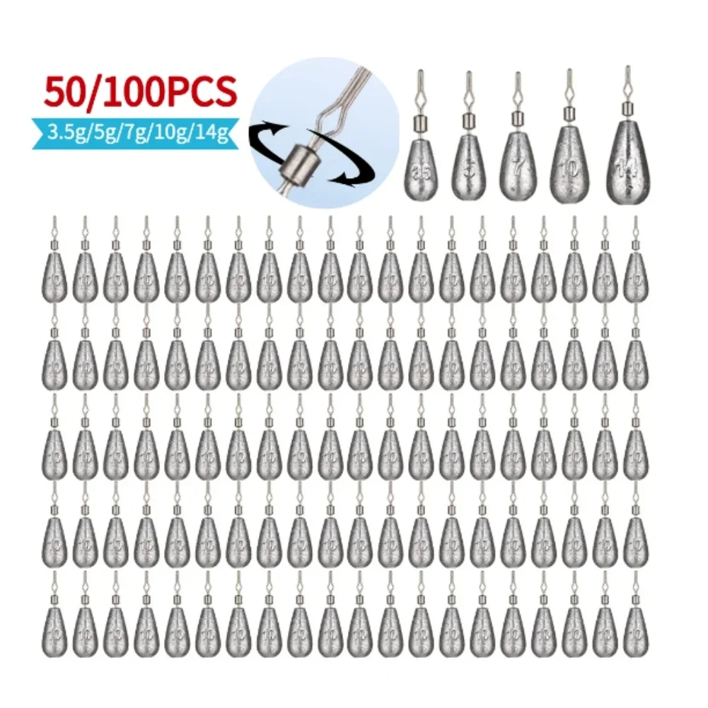 50/100 Stück Angeln Sinker Quick Release Tear Drop Shot Gewichte 360 Grad drehbares Angelzubehör für den Außenbereich