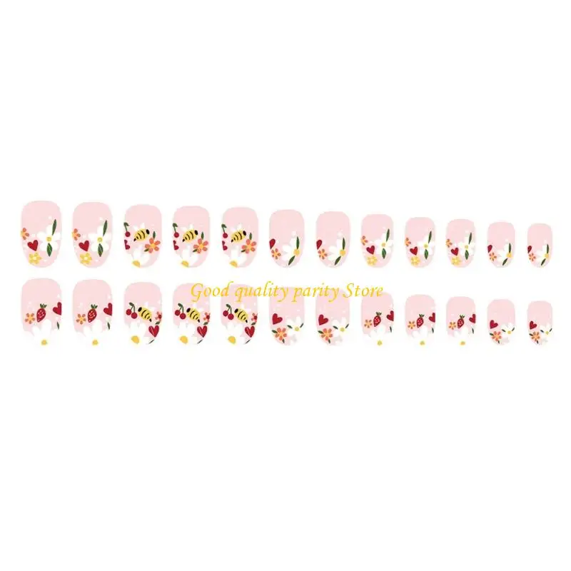 M4YA 24 PCS Đáng yêu Những con ong nhân tạo ngắn hình bầu dục đầy đủ bìa giả hình móng tay bóng trên móng tay nhấn trên móng tay