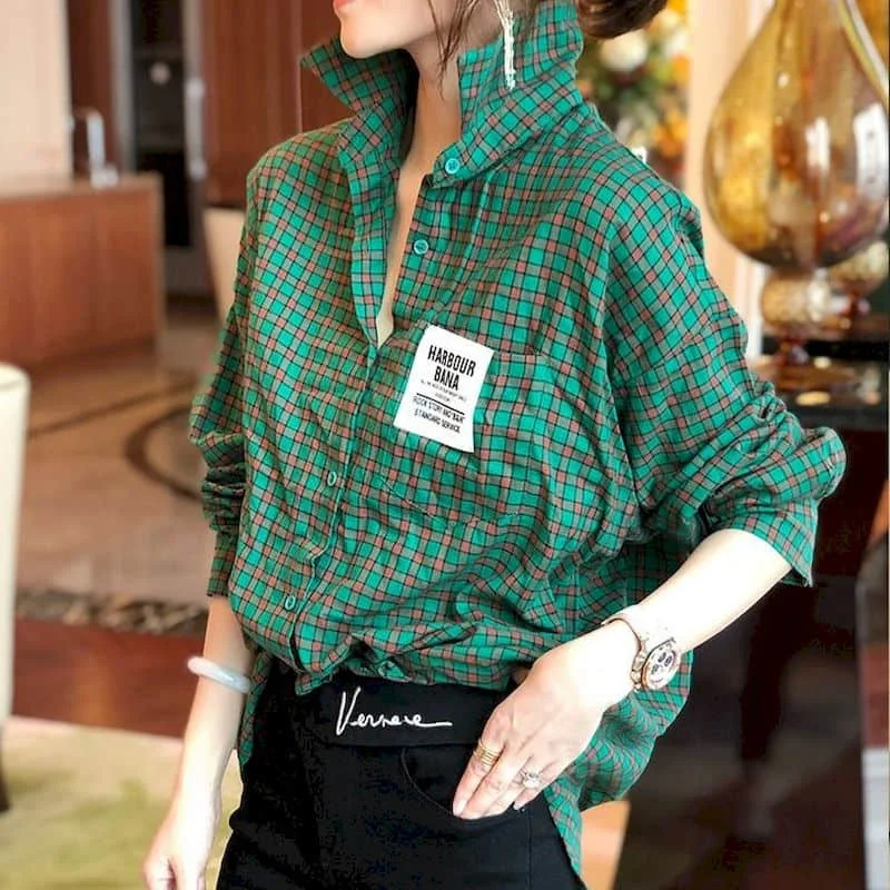 

Plaid Shirts for Women Polo-neck Korean Fashion Cardigans Long Sleeve Casual Oversized Single Breasted Loose Blouse Women Tops