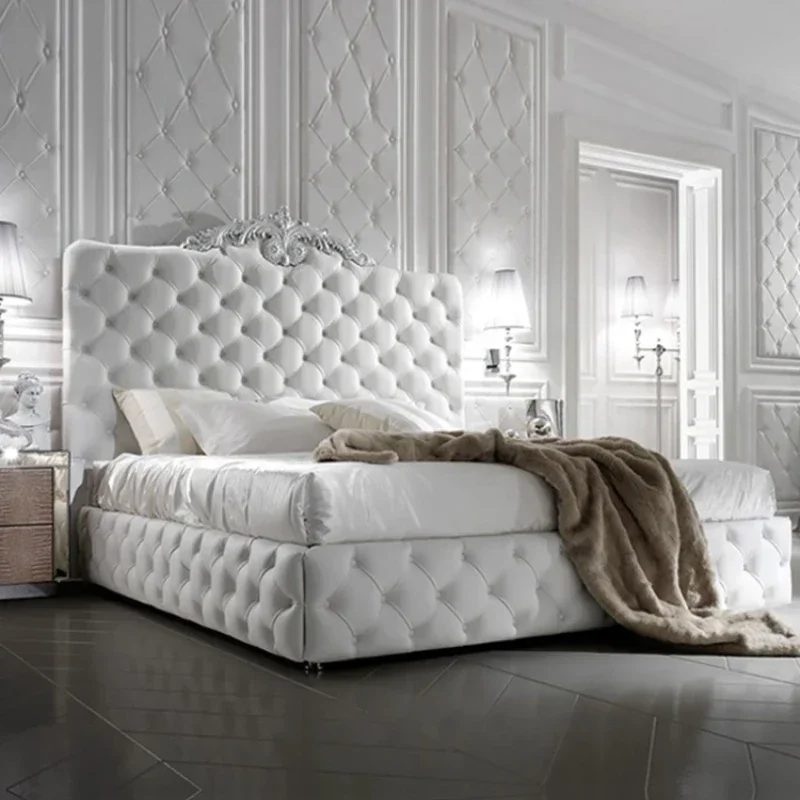 سرير مزدوج أنيق للأميرة الأوروبية، سرير فيلا أبيض فاخر على الطراز الفرنسي، مقاس كوين، أثاث كاما الزوجية للمنزل