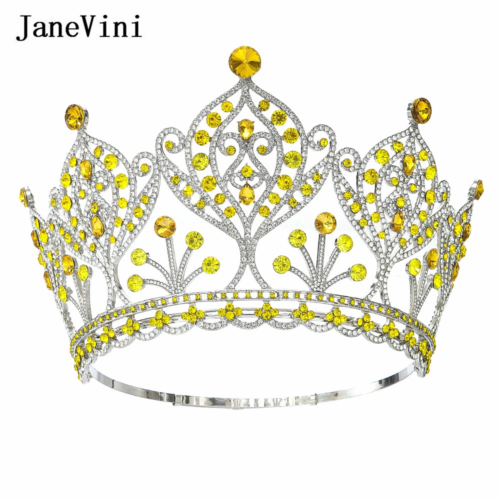 JaneVini Luxury Gold Miss Universe Wedding Crown for Women Round Adjustable Rhinestone Tiara Party Stage Show Bride Hair Jewelry