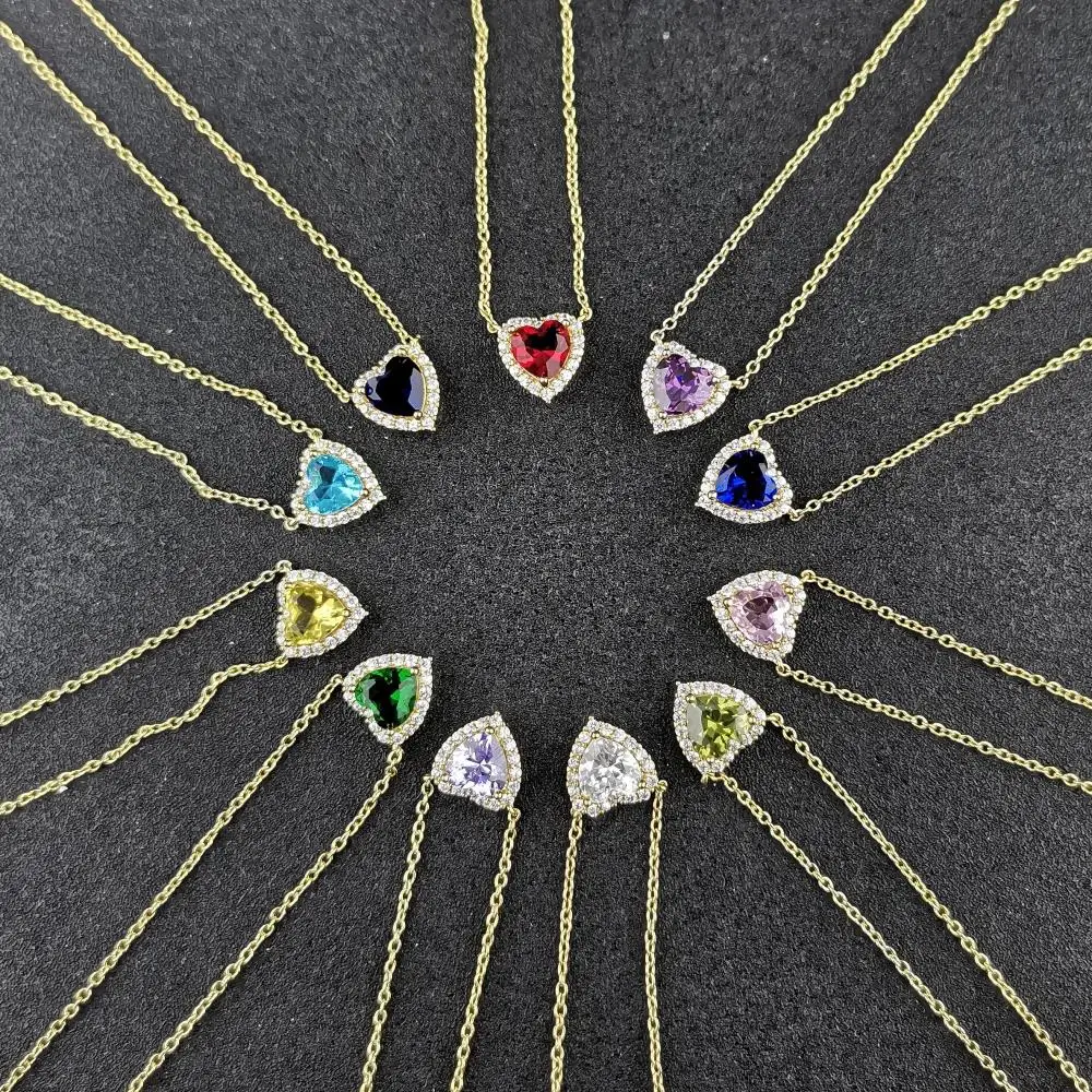 Glitzernde Mehrfarbige Kristallherz-Anhänger-Halsketten für Frauen Romantischer Geburtsstein Zirkon Hochzeitskette Choker Trendschmuck – Detail 3