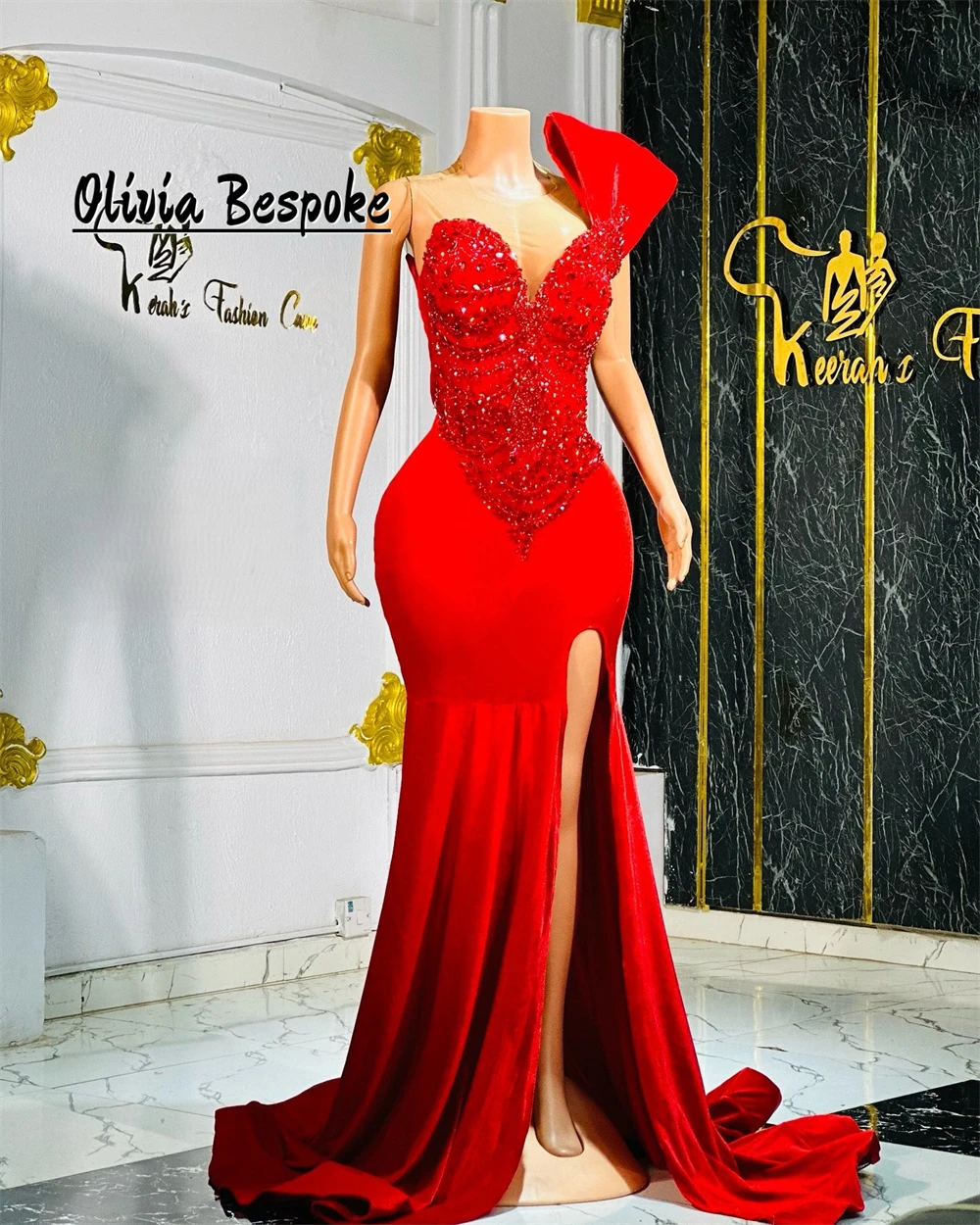 

Red One Shoulder Mermaid Aso Ebi Evening Dresses Beading Wedding Reception Gown Birthday Dress Vestidos De Noche Customized
